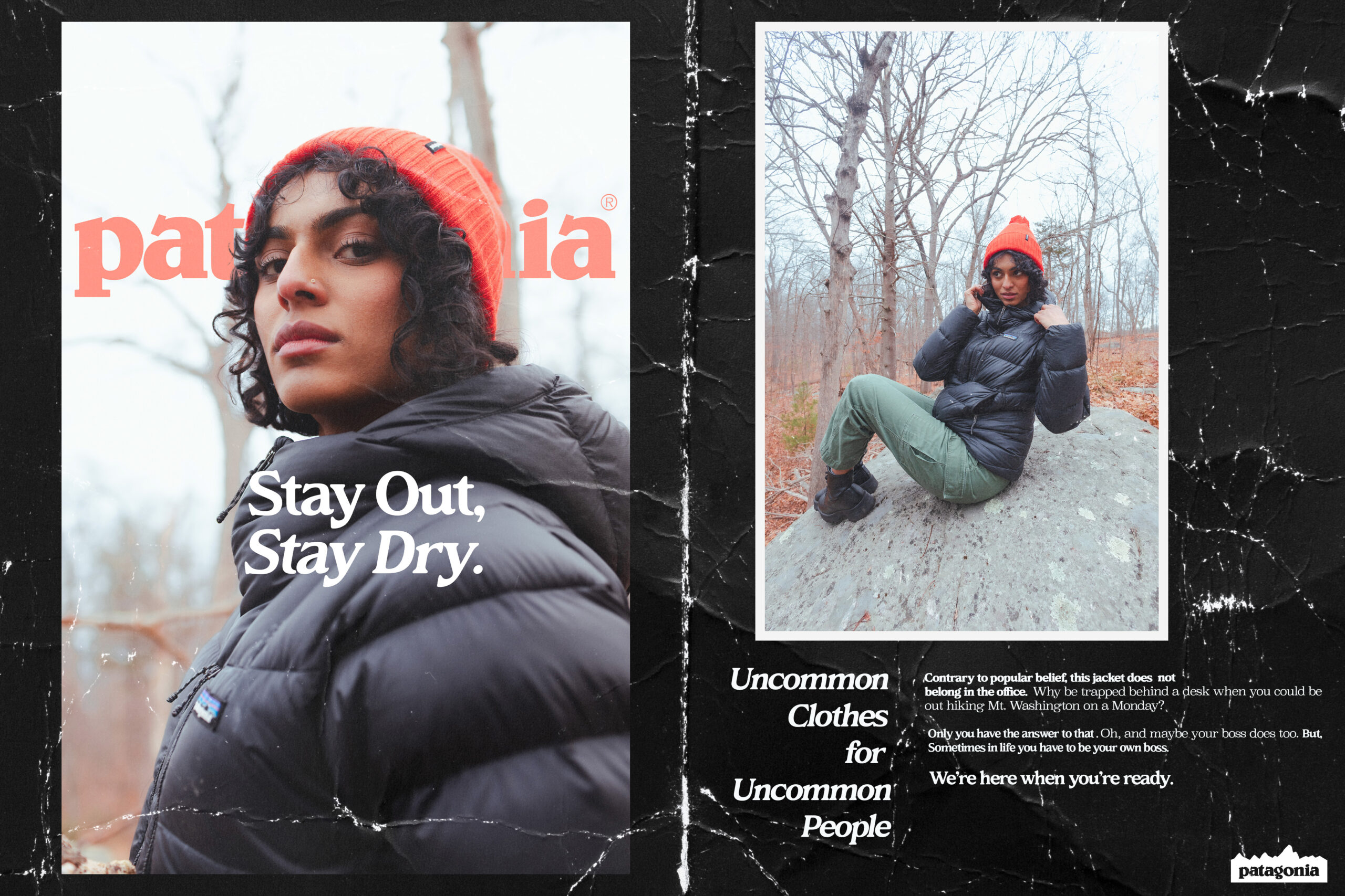 Magazine spread layout of an outdoor winter apparel story