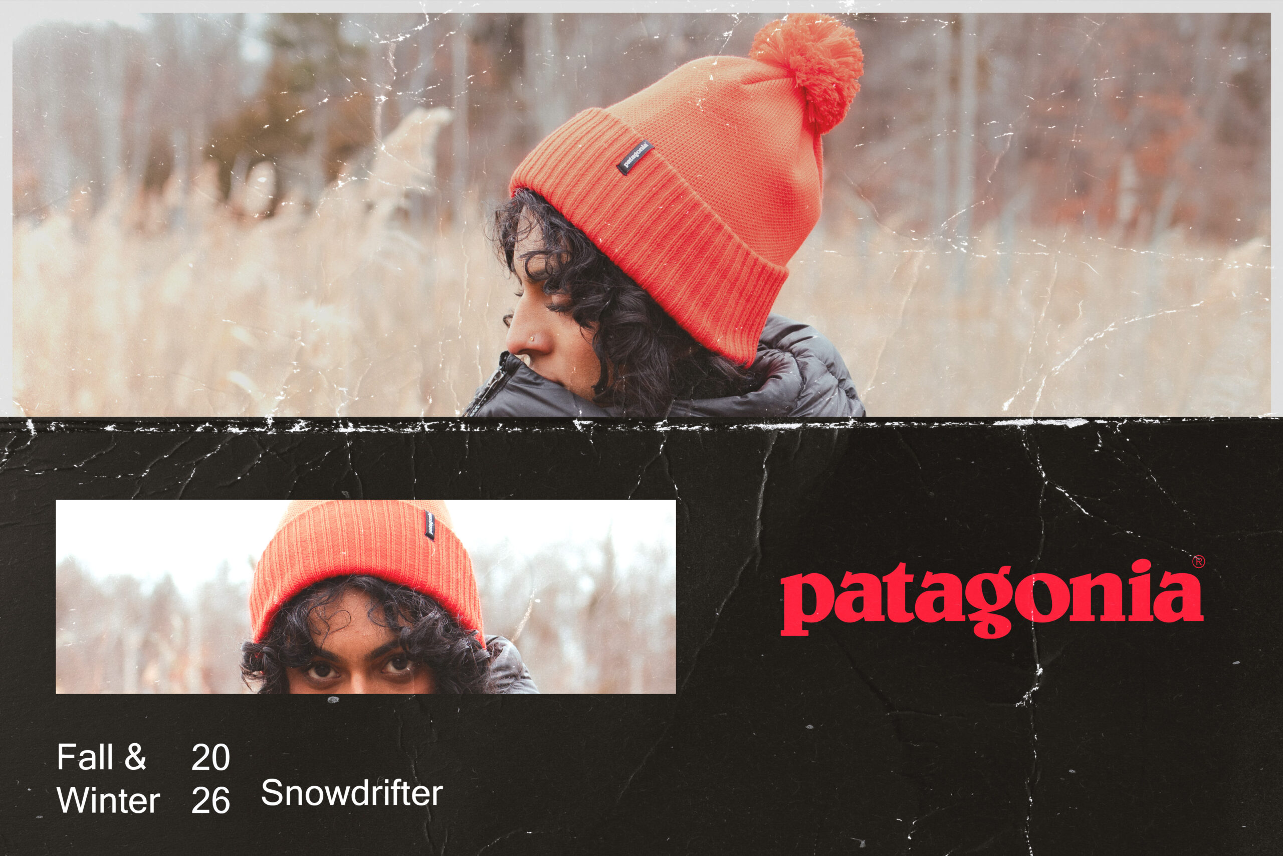 Woman in an orange beanie looking up against a grey sky